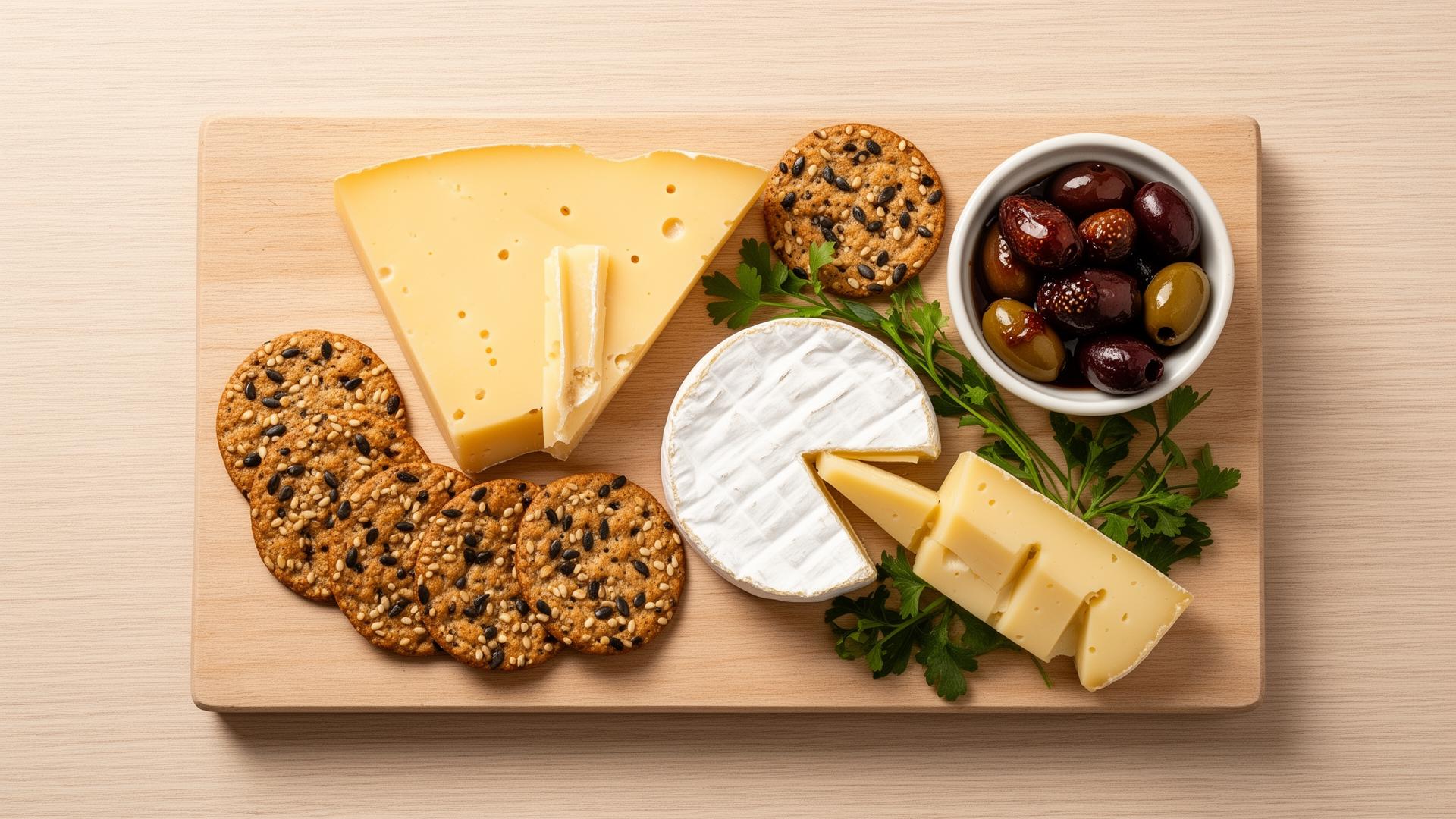 Cheese-only board featuring wedges of soft and aged cheeses with fruit and nuts.
