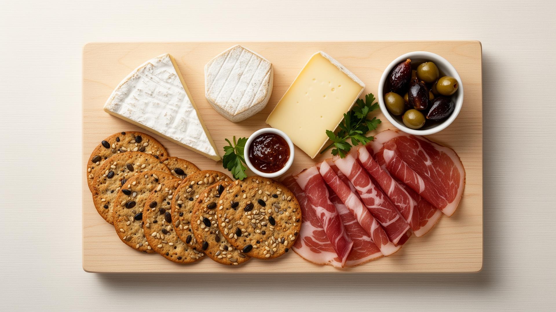 Classic charcuterie board arranged with assorted cured meats, cheeses, olives, and crackers.