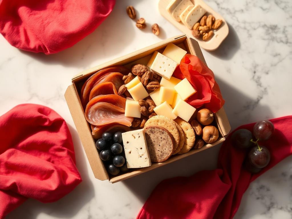 Single-serve mini charcuterie box with sliced meats, cheese, and crackers, gift-wrapped.